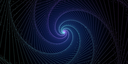 An intricate spiral pattern features vibrant lines and luminous dots swirling against a deep black background, giving a captivating sense of motion and depth, popular in contemporary artの写真素材