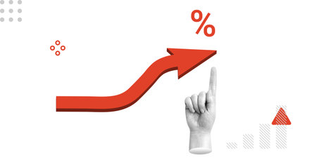 Increase in profits, labor productivity, increase in scrap rate in work. The hand pushes up the arrow with the percent sign. Minimalist art collageの写真素材