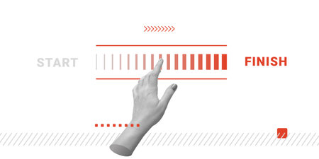 The hand points to the progress bar going from START to FINISH, symbolizing the path from start to finish. Minimalist art collageの写真素材
