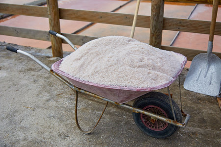 Pink salt cart. Artisanal salt production. Natural traditional sea salt extraction by evaporation in Aveiro, Portugalの写真素材