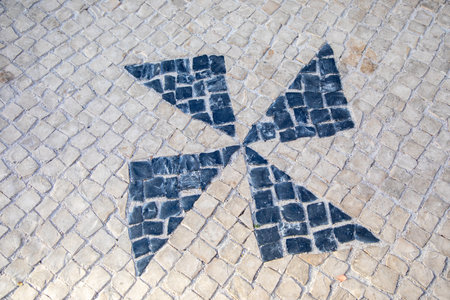 Mosaic Paving Tiles in Aveiro, Portugal. Traditional Portuguese paving slabs. Basalt and limestone stones of black and white colors are traditionally used for patterns.の写真素材