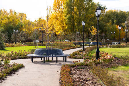 A round black metal bench in a landscaped park, surrounded by flower beds and trees with golden autumn leaves, offering a picturesque and tranquil atmosphere.の写真素材
