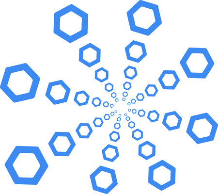 A blue spiral of hexagons, arranged in a radial, geometric pattern that emphasizes connectivity and...