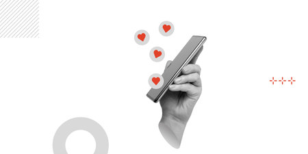 Social media, app advertising, digital marketing. Smartphone in hand with heart floating. Represents likes, social media activity, and digital connection. Minimalistic art collageの写真素材