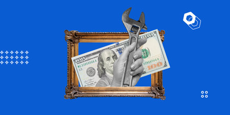Artwork restoration. A hand holding tools against a background of money in a picture frame...