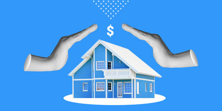 Hands protecting a house with a dollar sign above, symbolizing property, insurance, or real estate...