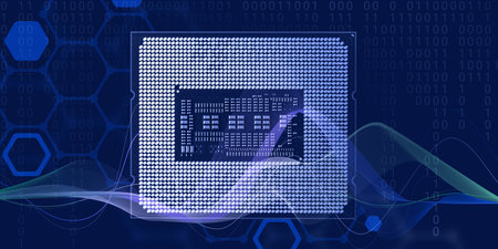A detailed image of the backside of a microprocessor with visible circuits, overlaid with binary...
