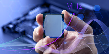 A hand holding a microprocessor, featuring a stylized MHz frequency indicator and visualized waves,...