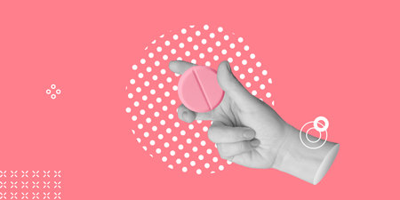 Women health concept. Pharmacology, hormone therapy, medicines and other dietary supplements for pregnant women. Pink a pills in hand on a pink background. Minimalist art collageの写真素材