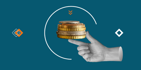 Financial management concept. Hand balancing a stack of golden coins on a fingertip, symbolizing...