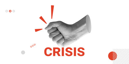 Economic or Political Crisis. A powerful conceptual image of a clenched fist with the word CRISIS. Useful for editorial content on politics, economy, and protests. Minimalist art collageの写真素材