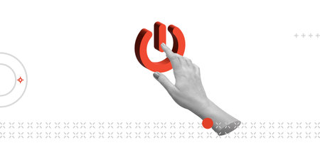 A red power button being pressed by a hand on a white background, symbolizing activation,...