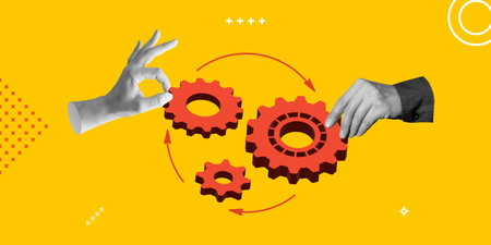 Teamwork and collaboration. Hands control interconnected gears. For workflow visualization, efficiency and control. Automate and optimize processes in industry. Minimalist art collage.の写真素材
