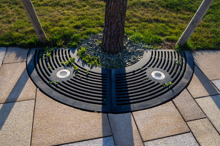 Half-circle tree grate with irrigation system and lighting elements near grass patch on pedestrian...