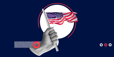 USA flag in human hand with geometric elements and deep blue background. Strength and identity. Minimalistic art collageの写真素材