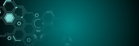 Dark tech banner with hex grid and circuitry for AI, cybersecurity visuals, network systems, and digital product backgrounds. Copy spaceの写真素材