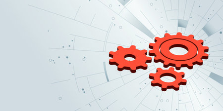 Red gears on a graphic background. Progress and system optimization concept. Copy spaceの写真素材