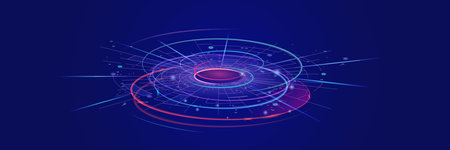 Futuristic digital technology background with bright vibrant neon lights on a dark blue backgroundの写真素材