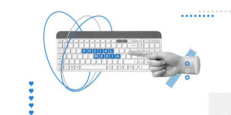 Social media, interaction and communication on social platforms, remote work concept. Hand points to...