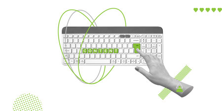 Blogging, content publishing, writing and creating visual stories on the Internet. Hand presses...