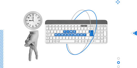 Time Management, control, focus and strategic planning. Staggered hand with clock next to keyboard with blue Time Management written on it. Minimalist art collage.の写真素材