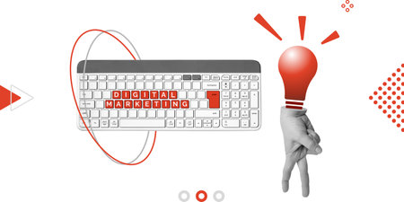 Digital Marketing, content strategy and digital engagement themes. Keyboard labeled Digital Marketing, red bulb above hand walking. Minimalist art collageの写真素材