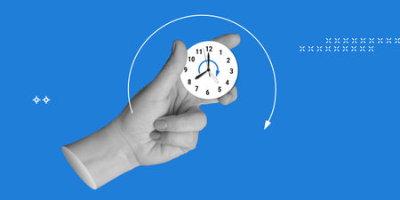Time tracking, focus, work time concept. Hand holding watch with hand symbolizing passage of time....