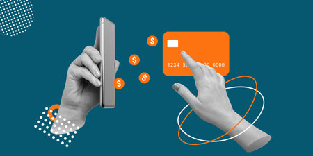Mobile application for banking transactions, electronic money concept. Hand holds smartphone, from...