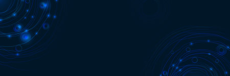 Futuristic neon abstract background with circular data rings and glowing lines on dark backdrop. Perfect for technology presentations, AI concepts, and digital network interfaces.のイラスト素材