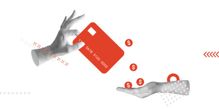 Finance, e-commerce, digital transactions, online shopping and secure payments. Hand holds red credit card with dollar symbols around it. Minimalistic art collageの写真素材