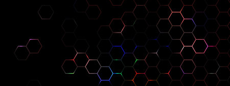 Abstract geometric background featuring a hexagonal grid pattern with vibrant rainbow colors on a dark backdrop. Ideal for modern design, digital art, UI UX, and creative projects. copy spaceの写真素材