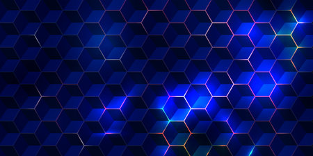 Futuristic digital surface with glowing blue and violet lights beneath hexagonal grid. Abstract concept of cyber network or AI interface. copy spaceの写真素材