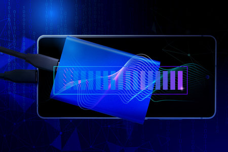 Smartphone with charging, connected via USB C on binary background for use in presentations, web...