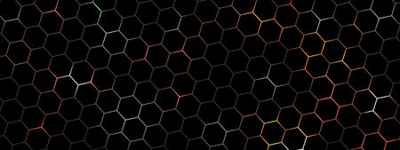 Modern neon hexagonal pattern featuring a dark background with vibrant color accents. Ideal for use in technology, gaming, and digital art projects, dynamic designs in tech, and creative contextsの写真素材