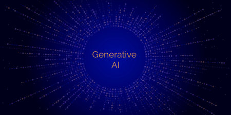 Generative AI illustration with binary code explosion. Abstract visualization of neural network and...