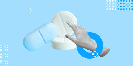 Hand picks out pills on light blue background. Concept of medicine, healthcare, and pharmaceutical choice. Pharmacology, hormone therapy, medications, and dietary supplements. Minimalist art collageの写真素材