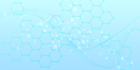 Abstract visual for LLM in medical research, drug discovery or genomics analysis. Hexagonal and...
