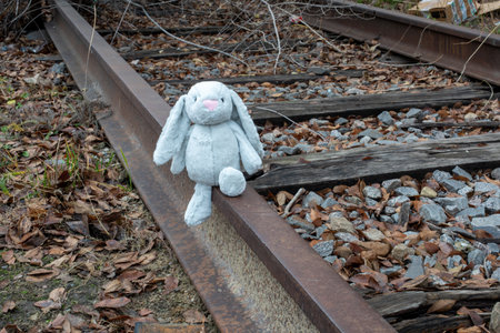 Concept of abandoned childhood, loneliness and depression. A grey soft toy bunny sits alone on a...