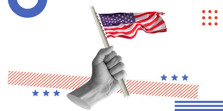 American patriotism and national pride. Hand holding waving USA flag with abstract geometric...