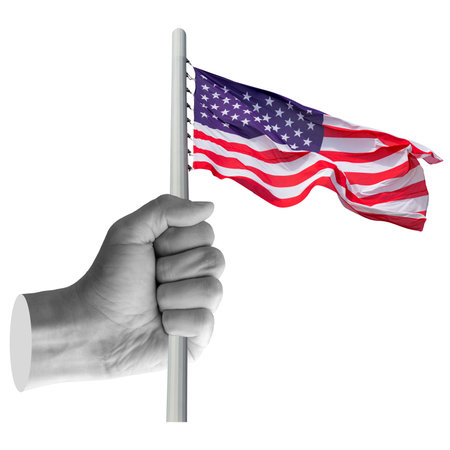 Hand holding United States flag. Represents USA, American identity, or global influence. Part of...