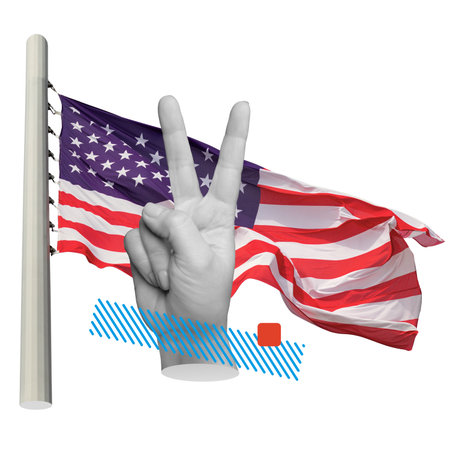 Hand showing peace sign near American flag. Represents diplomacy, peace, or positive relations with...