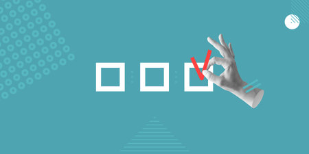 Selection and confirmation. Hand marking checkbox with red checkmark on teal background. Minimalist...