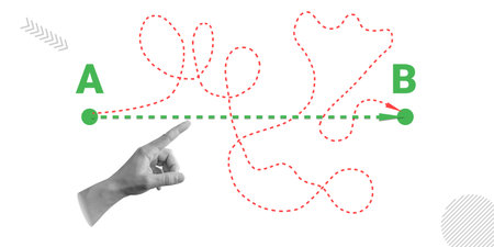 Optimal path selection and decision making. Hand pointing to direct route from point A to B among...