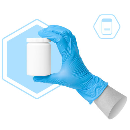 Blue medical glove holding pill bottle, pharmaceutical treatment and medication storage concept....