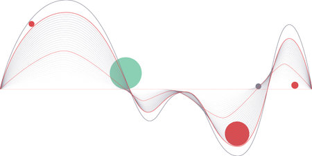 Red and grey wave lines with green and red dots. Abstract contrast graphic for analytics and risk...