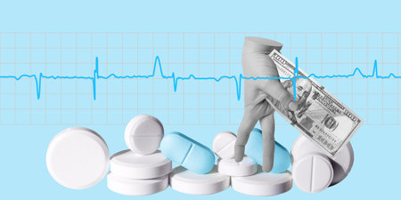 Hand holding dollar bill over pills, symbolizing medical costs and pharmaceutical expenses. ECG line...