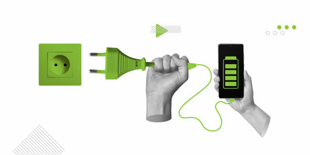 Electricity, charging smartphones and other gadgets concept. Charging digital life. Hand connecting...