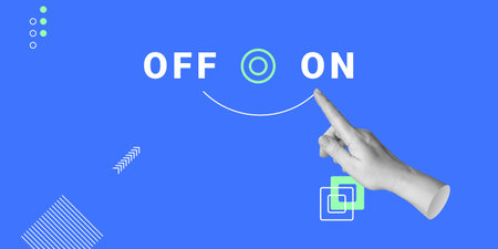 Finger flips conceptual switch from OFF to ON. Starting, activation and changing state. Minimalist art collage.