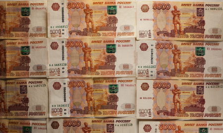 Russian money of five thousands denominations lie on the table.の写真素材