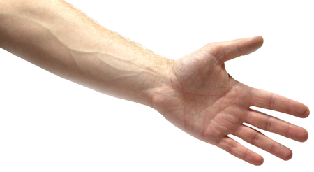 Man offering hand for handshake. Isolated on whiteの写真素材